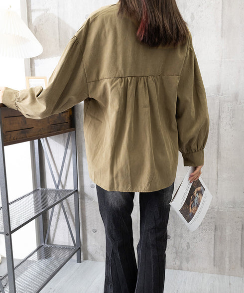 フリル衿ブラウス 長袖タックシャツ韓国風 大人可愛い ボリューム袖シャツ レディースおしゃれ キレイめトップス リボンブラウス ゆったり 体型カバー春秋服 着やせ 1SUYUZI-007